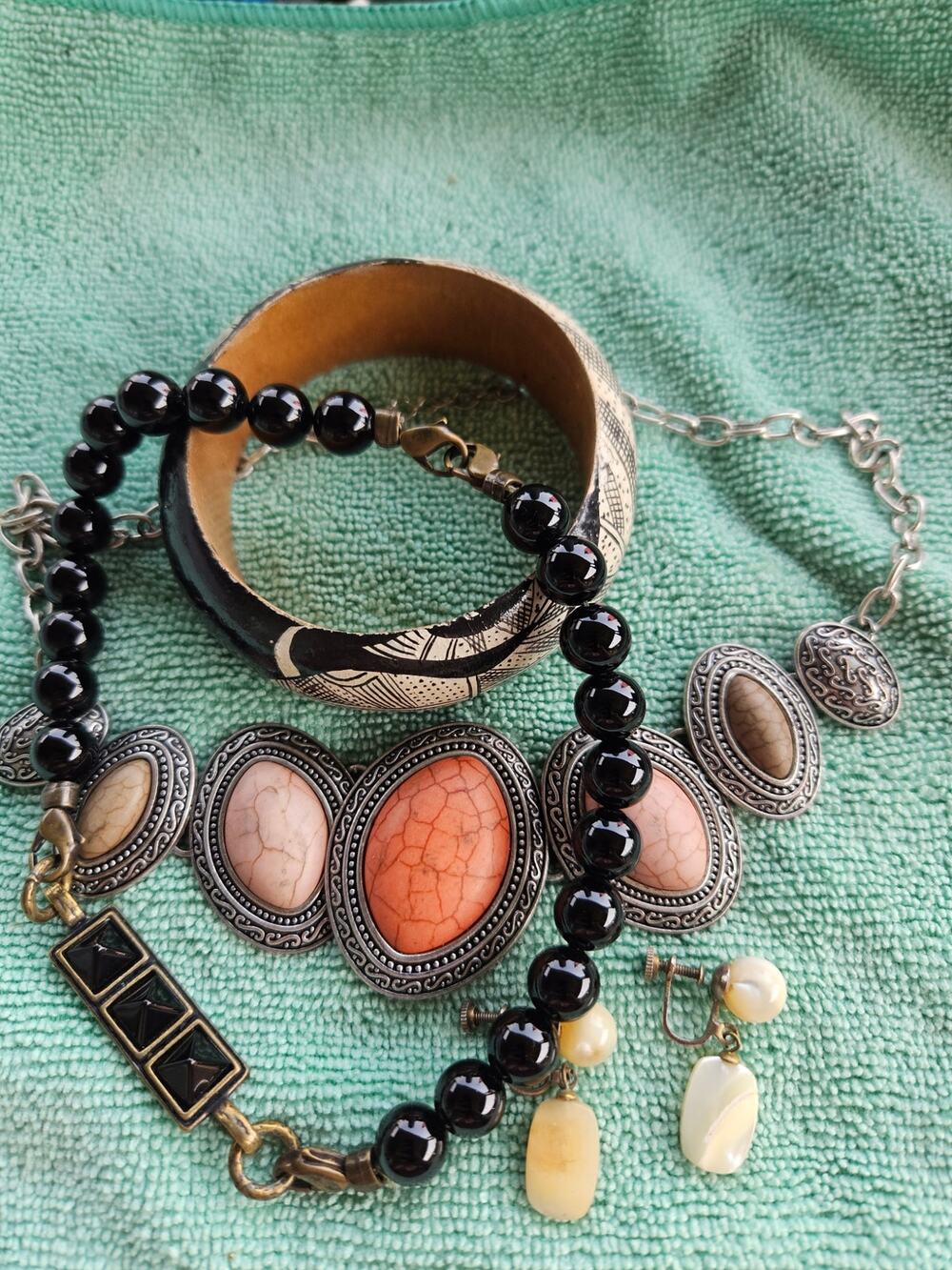 Jewelry,  screw back earrings, wood bracelet plus more.